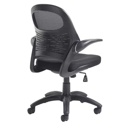 Black Orion fabric mesh operator chair with ergonomic lumbar support, adjustable height, and swivel base for office use.