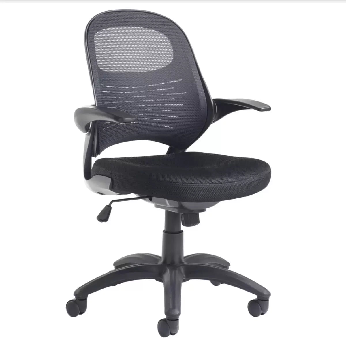 Black Orion fabric mesh operator chair with ergonomic lumbar support, adjustable height, and swivel base for office use.