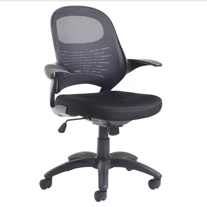 Black Orion fabric mesh operator chair with ergonomic lumbar support, adjustable height, and swivel base for office use.