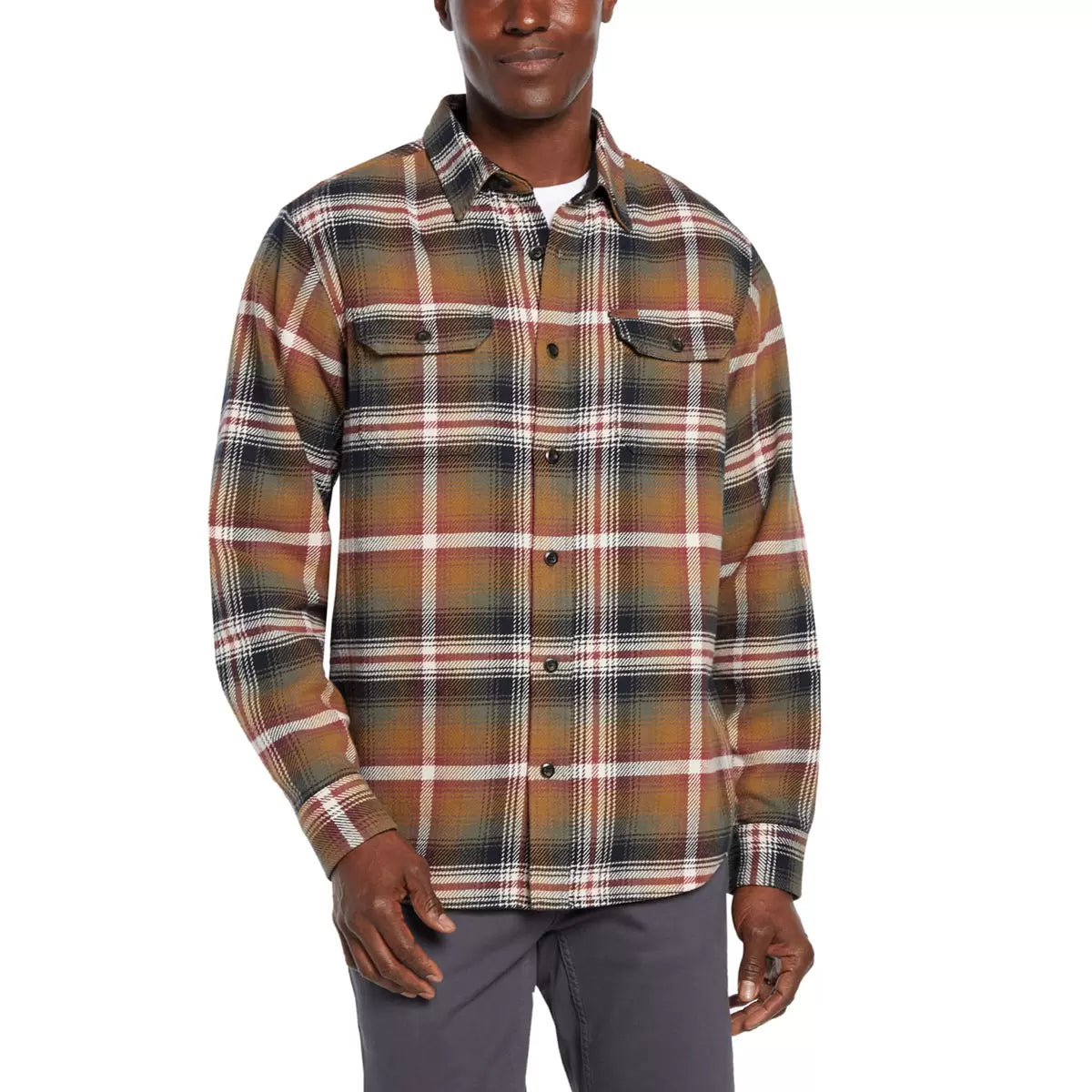 Front view of the Orvis Men's Heavy Weight Flannel Shirt in blue plaid pattern showcasing brushed 300 gsm cotton texture and dual button chest pockets.