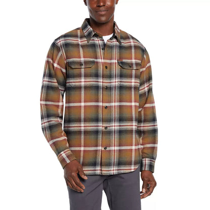 Front view of the Orvis Men's Heavy Weight Flannel Shirt in blue plaid pattern showcasing brushed 300 gsm cotton texture and dual button chest pockets.