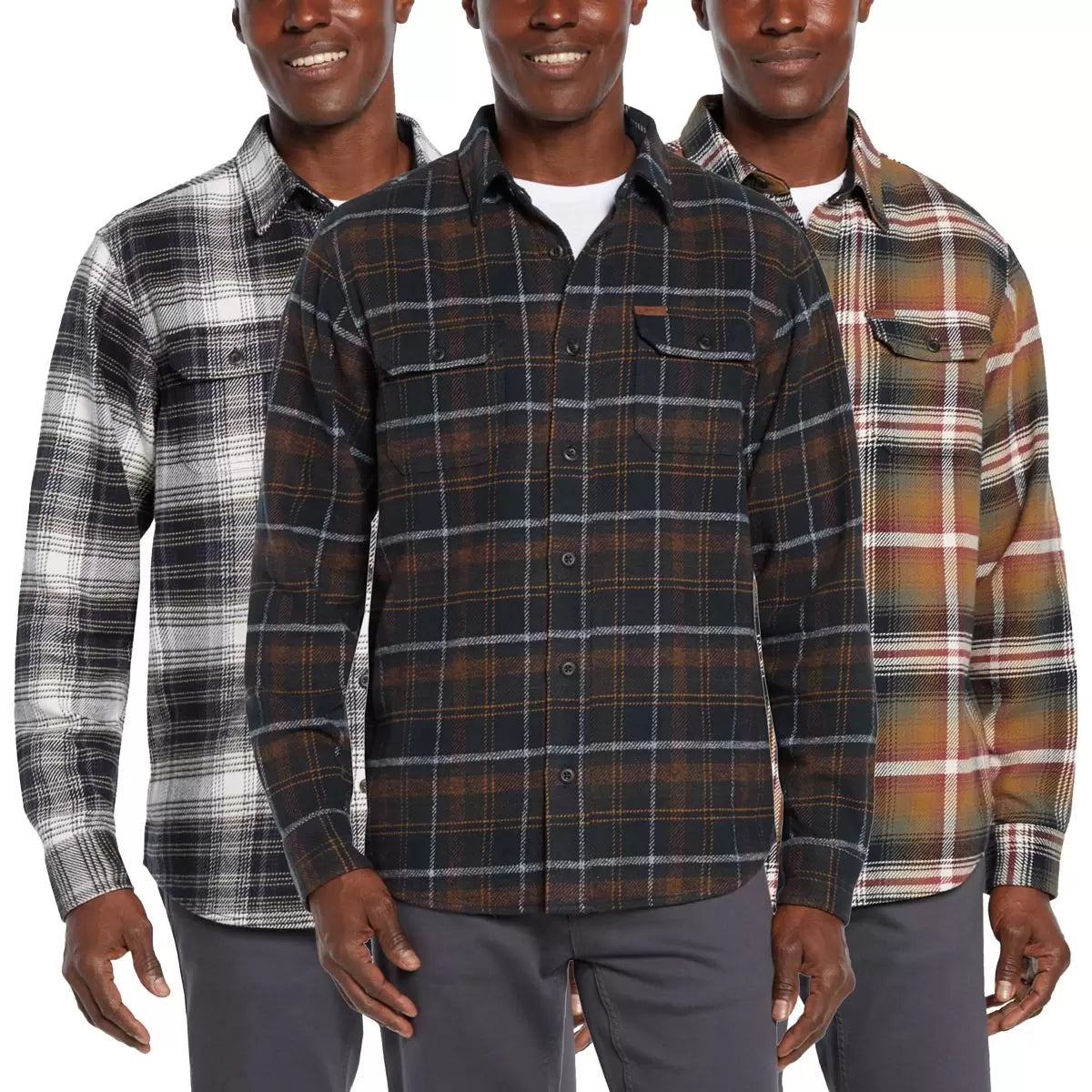 Front view of the Orvis Men's Heavy Weight Flannel Shirt in blue plaid pattern showcasing brushed 300 gsm cotton texture and dual button chest pockets.