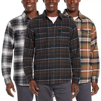 Front view of the Orvis Men's Heavy Weight Flannel Shirt in blue plaid pattern showcasing brushed 300 gsm cotton texture and dual button chest pockets.