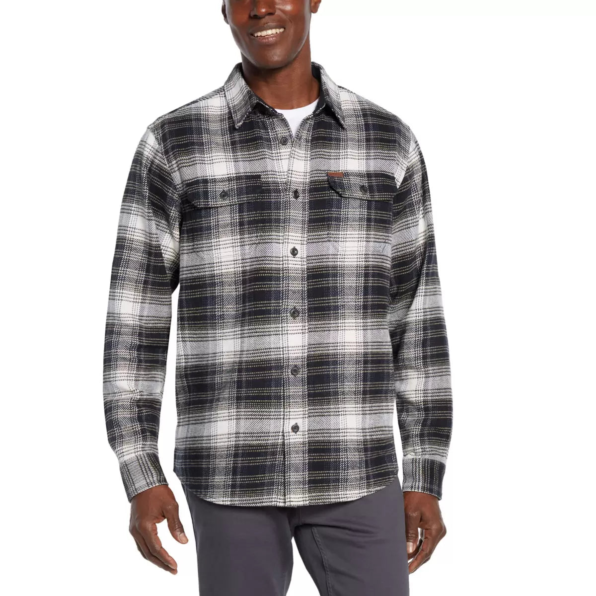 Front view of the Orvis Men's Heavy Weight Flannel Shirt in blue plaid pattern showcasing brushed 300 gsm cotton texture and dual button chest pockets.