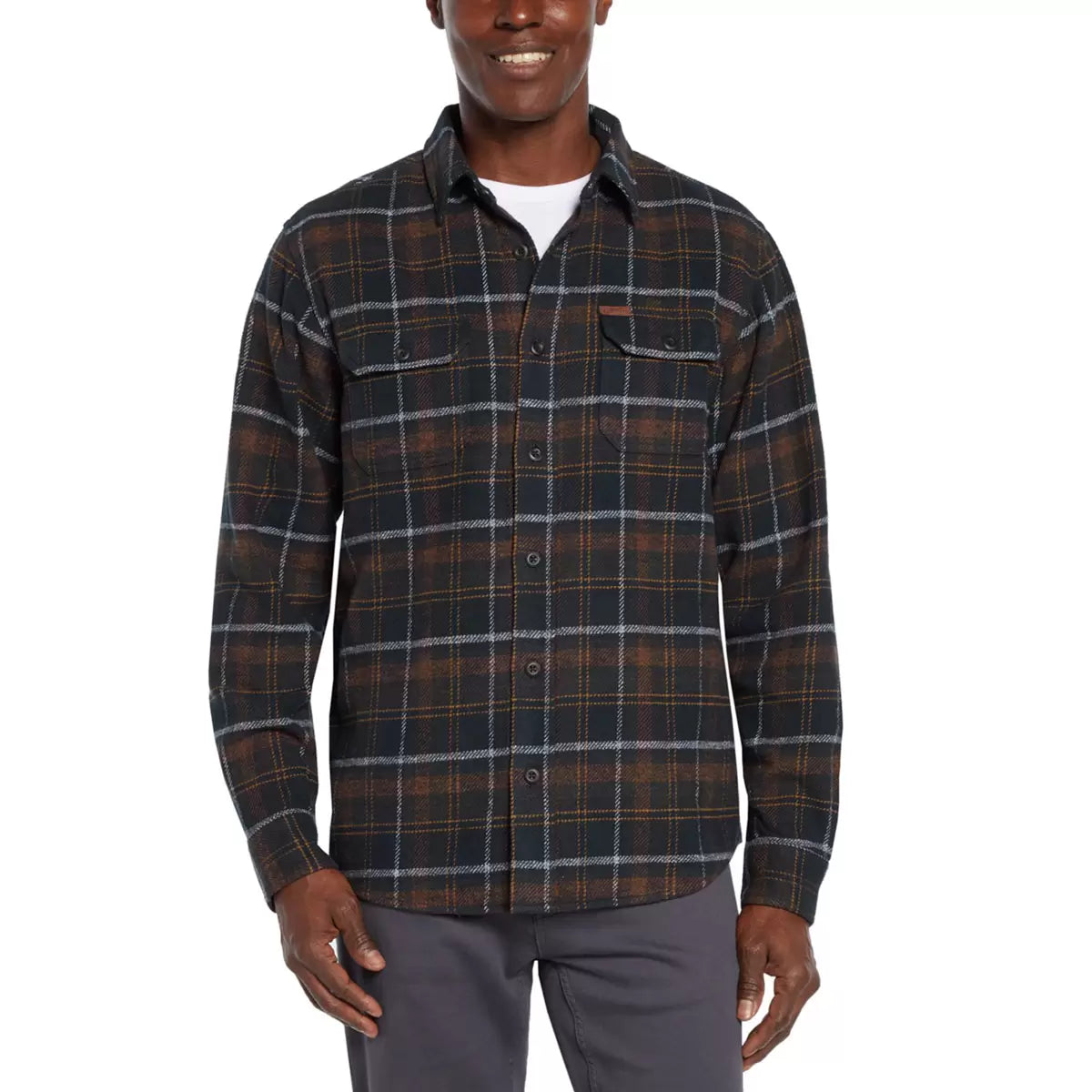 Front view of the Orvis Men's Heavy Weight Flannel Shirt in blue plaid pattern showcasing brushed 300 gsm cotton texture and dual button chest pockets.