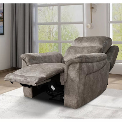 Front angle view of the Oscar grey fabric power reclining armchair in a bright living room, showcasing the textured marble-like pattern and the modern metal controls on the side.