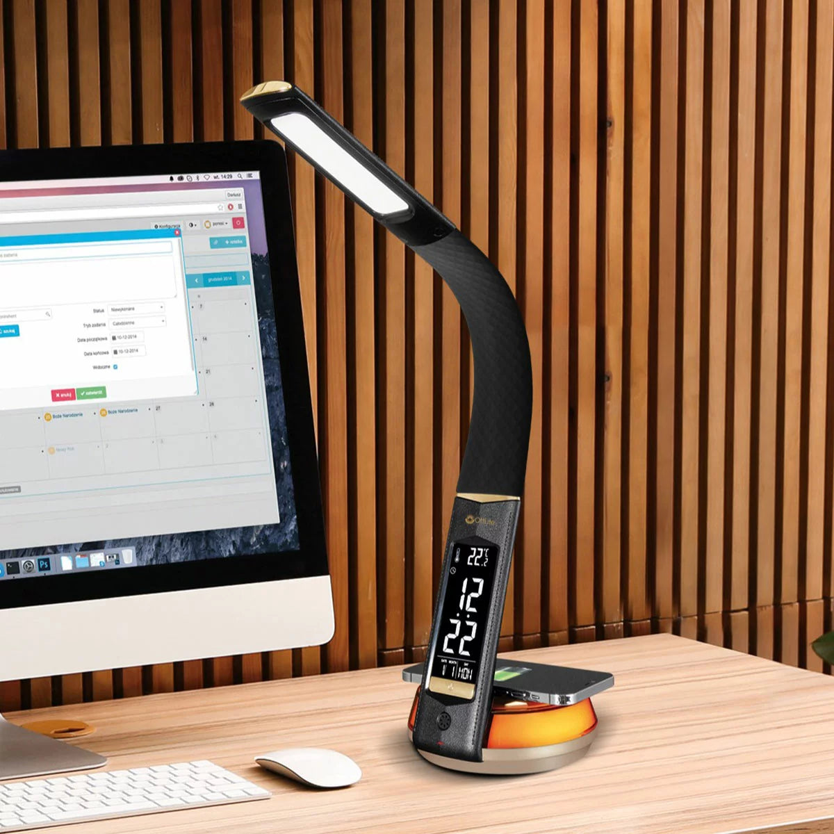 OttLite wireless charging LED desk lamp with colour changing base in black