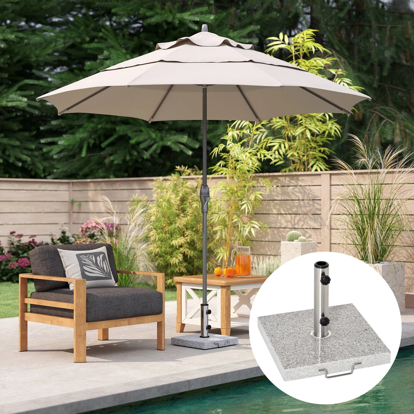 Outsunny umbrella base parasol holder 25kg outdoor wheel marble stand with side knob on a green garden lawn. - 2