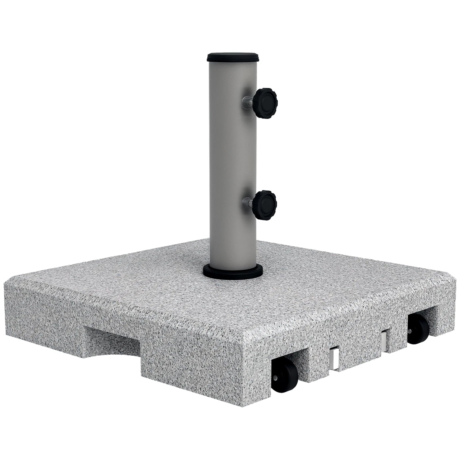 Outsunny 28kg heavy duty granite parasol base with wheels and retractable handle on an outdoor patio. - 1