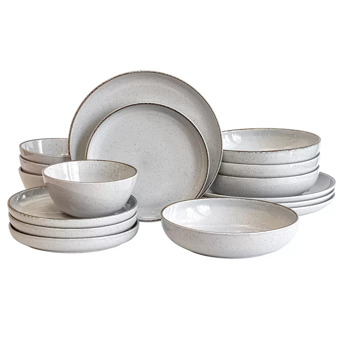 Over & Back 16 piece stoneware dinnerware set in light grey stacked neatly on a rustic wooden dining table