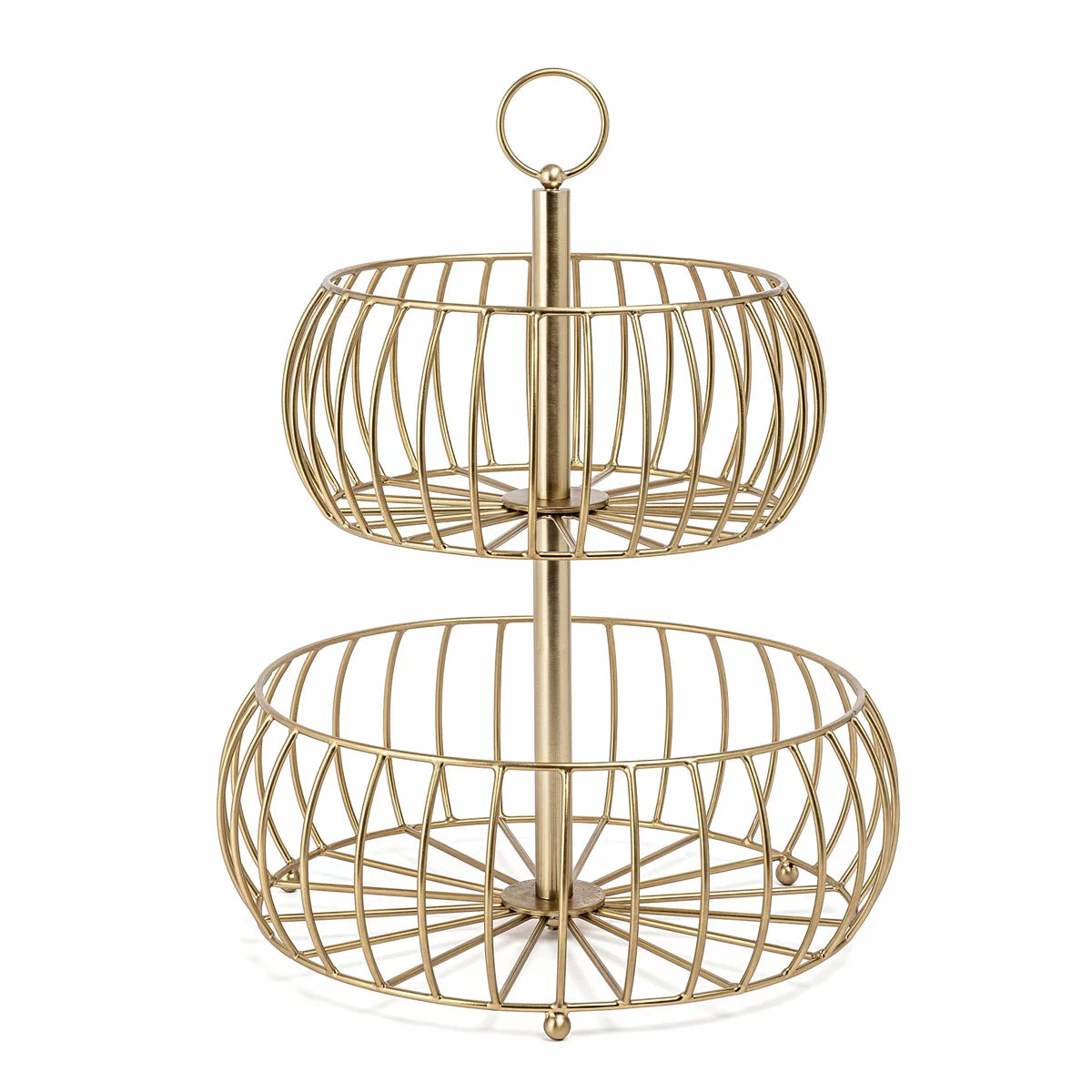 Over & Back 2-Tier brushed gold metal basket displayed on a kitchen counter filled with fresh fruit.