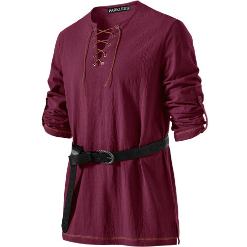 PARKLEES men's medieval pirate shirt in burgundy cotton with retro drawstring neckline shown from the front on a mannequin.