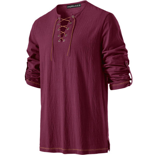 PARKLEES men's medieval pirate shirt in burgundy cotton with retro drawstring neckline shown from the front on a mannequin.