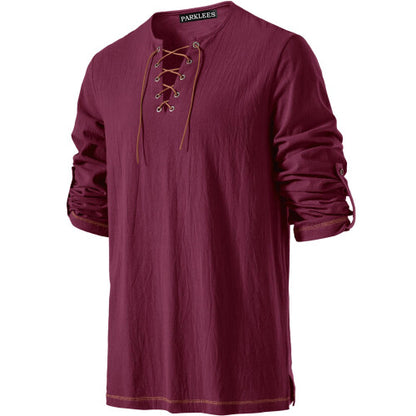 PARKLEES men's medieval pirate shirt in burgundy cotton with retro drawstring neckline shown from the front on a mannequin.