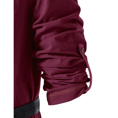 PARKLEES men's medieval pirate shirt in burgundy cotton with retro drawstring neckline shown from the front on a mannequin.