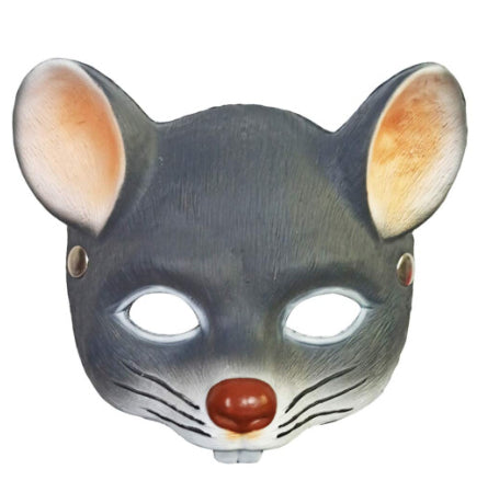 Front angle of a grey 3D mouse party mask featuring sculpted ears and whiskers on a clean backdrop.