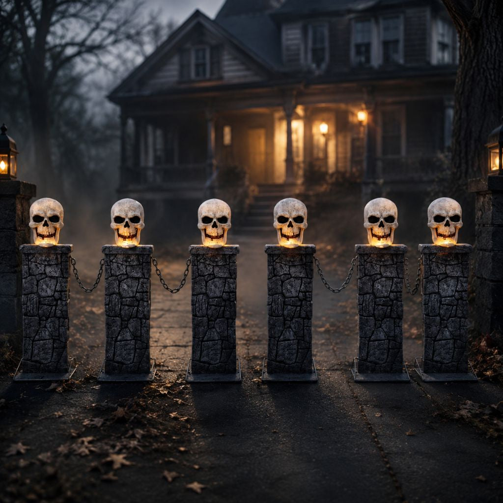 Pair of grey stone-effect Halloween skull fence sets with glowing LED eyes and linking chains anchored into a dark front lawn at dusk.