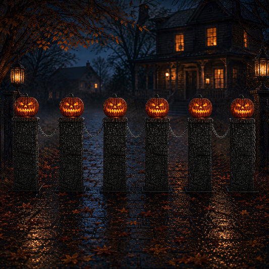 A set of two light-up Halloween pumpkin fences with grey aged-stone pedestals, lit orange jack-o'-lantern tops, and black plastic connecting chains positioned on a garden lawn at night.