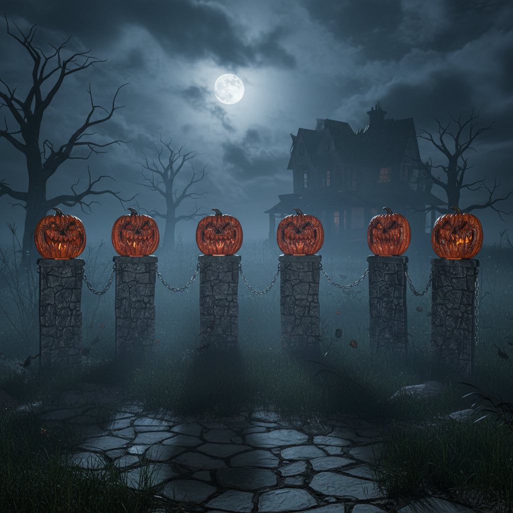 A set of two light-up Halloween pumpkin fences with grey aged-stone pedestals, lit orange jack-o'-lantern tops, and black plastic connecting chains positioned on a garden lawn at night.