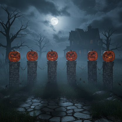 A set of two light-up Halloween pumpkin fences with grey aged-stone pedestals, lit orange jack-o'-lantern tops, and black plastic connecting chains positioned on a garden lawn at night.