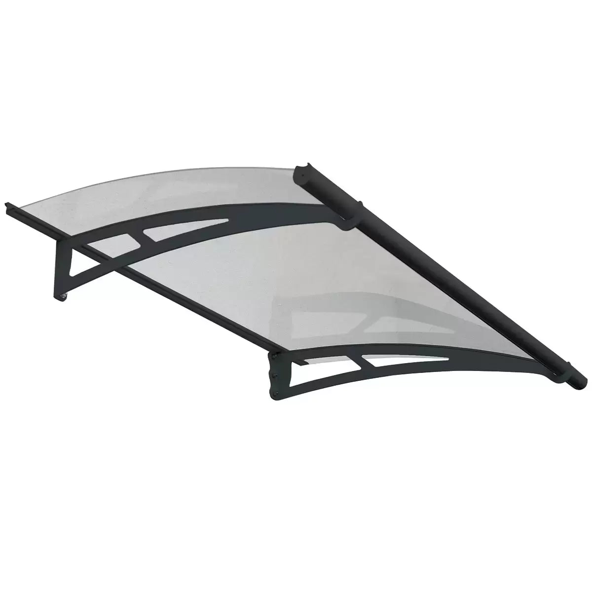 Angle view of a clear Palram Canopia Aquila 1500 door canopy with dark grey steel arms mounted over a residential front entrance.