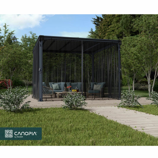 Palram Canopia Netting Set installed on a Palermo gazebo, providing a protective, bug-free enclosure for a comfortable garden patio area.