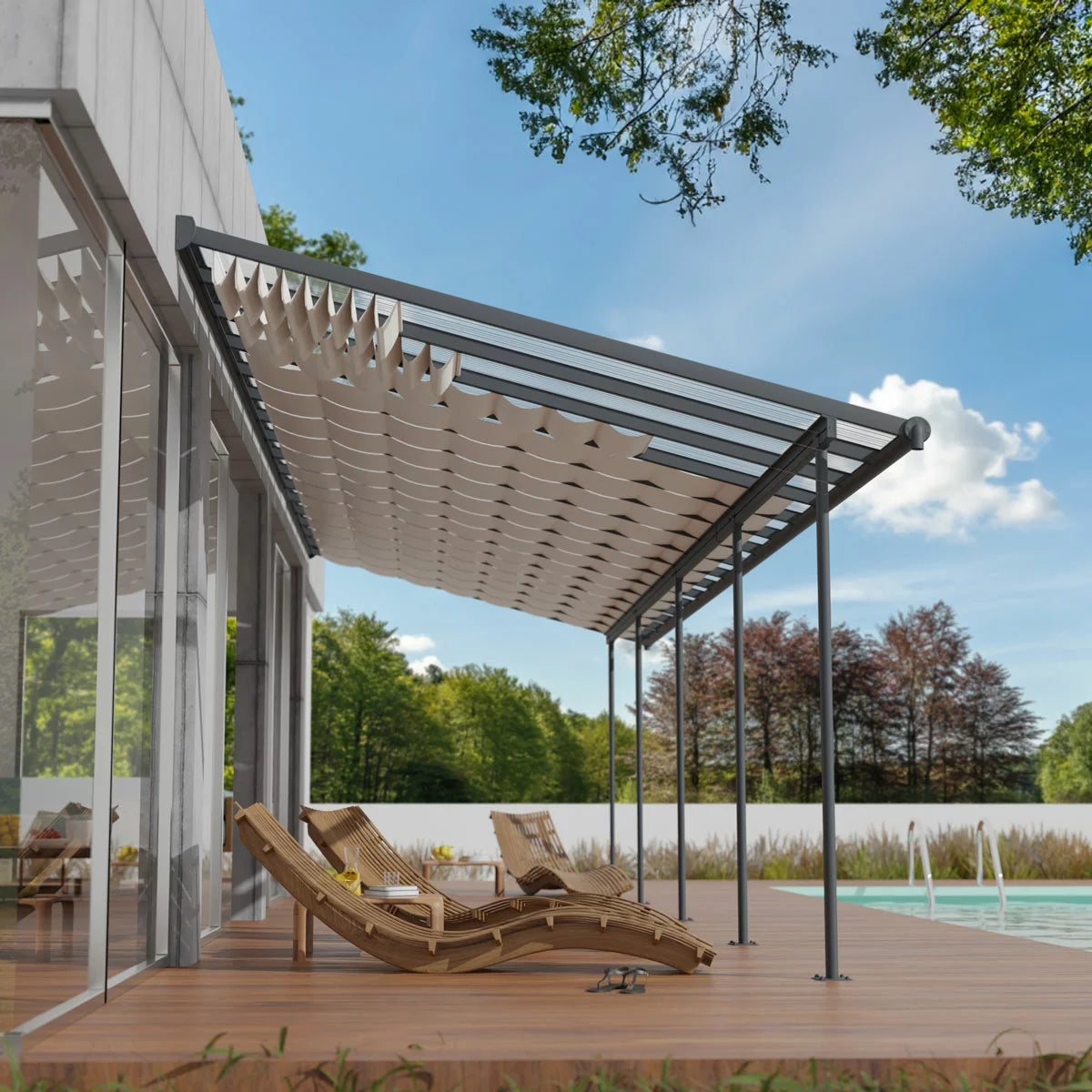 Palram Canopia Patio Cover Roof Blinds installed underneath a clear patio roof, providing elegant white shade for an outdoor lounge area.