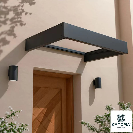 Palram Canopia Sophia 1200 modern grey door cover canopy with clear acrylic panel.
