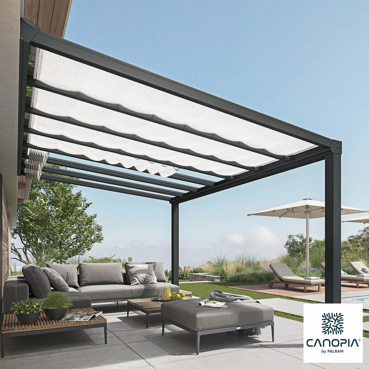 Palram Canopia Stockholm Patio Cover Roof Blinds installed underneath a modern Stockholm canopy, providing elegant shade for an outdoor lounge area.