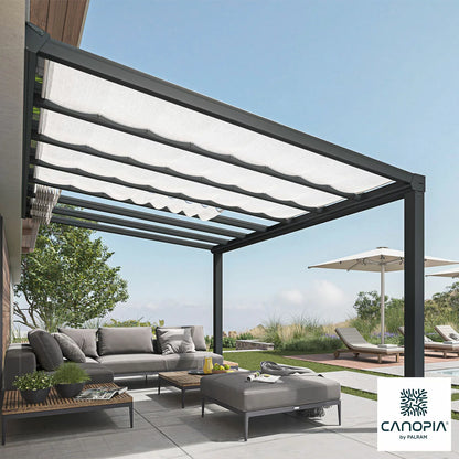 Palram Canopia Stockholm Patio Cover Roof Blinds installed underneath a modern Stockholm canopy, providing elegant shade for an outdoor lounge area.