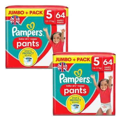 Pampers Baby Dry Pants Size 5 2 x 64 Pack with up to 12-hour dryness and leak protection for active toddlers