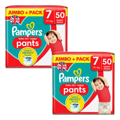 Pampers Baby Dry Pants Size 7 2 x 50 Pack with 12-hour dryness protection for active toddlers weighing 15kg and above
