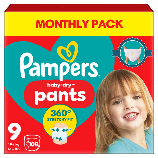 Pampers Baby Dry Pants Size 9 108 Pack with up to 12-hour dryness protection for active toddlers and leak-free comfort.
