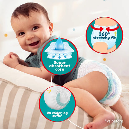 Pampers Baby Dry Pants Size 9 108 Pack with up to 12-hour dryness protection for active toddlers and leak-free comfort.