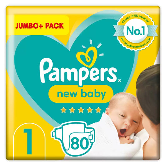 Pampers New Baby Nappies Size 1 80 Jumbo+ Pack for newborn babies with soft skin protection and absorbent comfort