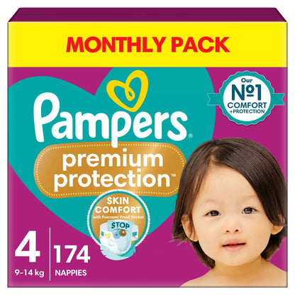 Pampers Premium Protection Size 4 baby nappies 174 pack with ultra-soft comfort and long-lasting leak protection for babies 9-14kg