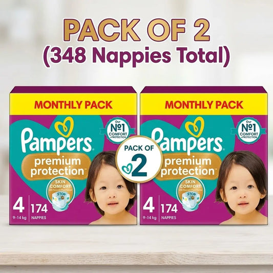 Front view of a large white and cyan Pampers Premium Protection Size 4 monthly saving pack box displayed on a clean studio shelf.