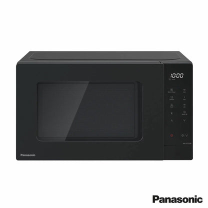 Front angle shot of the sleek black Panasonic 20L Solo Microwave NN-ST22QBBPQ sitting on a modern kitchen countertop with its digital LCD display illuminated.