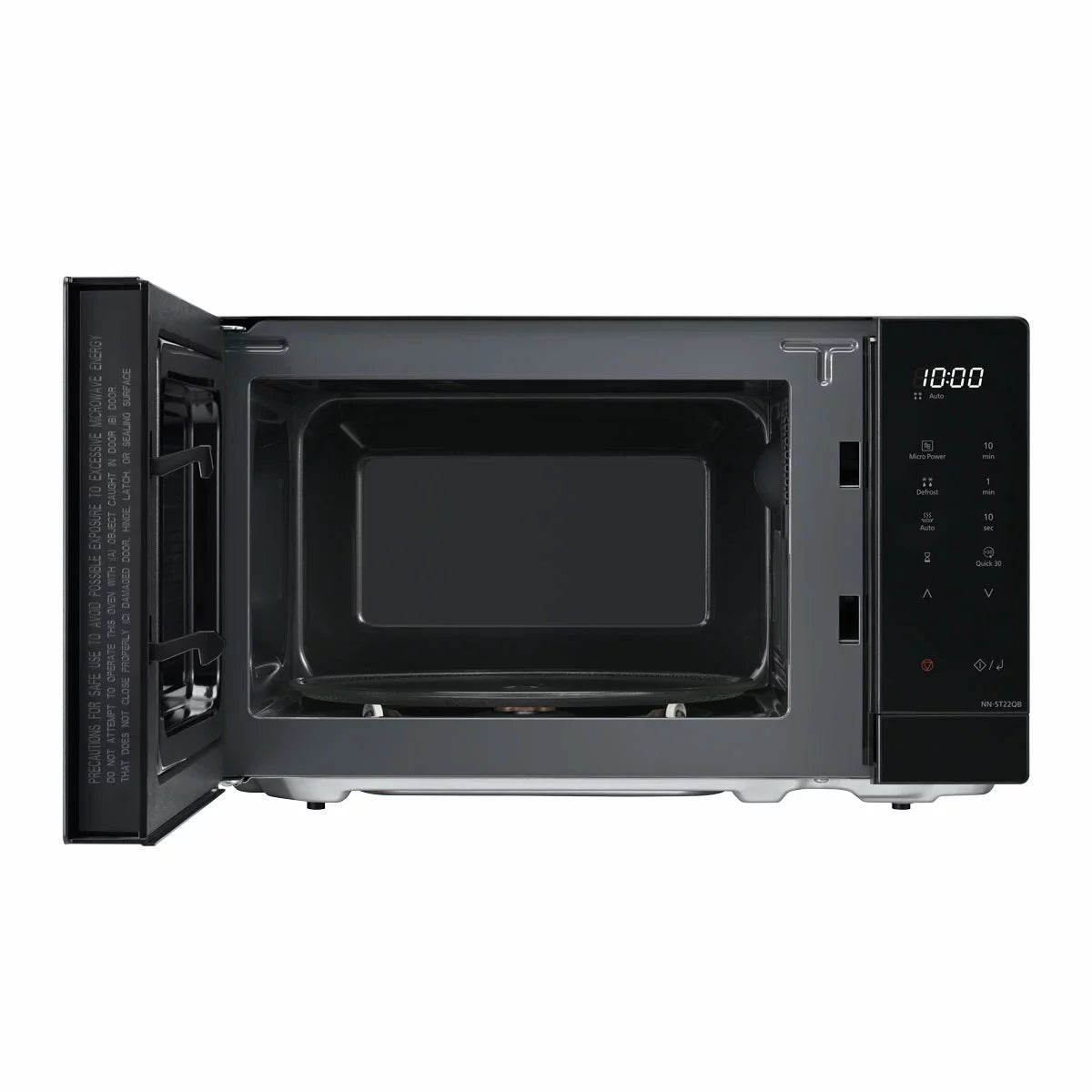 Front angle shot of the sleek black Panasonic 20L Solo Microwave NN-ST22QBBPQ sitting on a modern kitchen countertop with its digital LCD display illuminated.