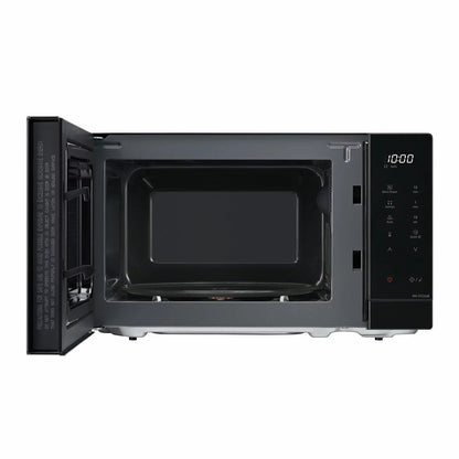 Front angle shot of the sleek black Panasonic 20L Solo Microwave NN-ST22QBBPQ sitting on a modern kitchen countertop with its digital LCD display illuminated.
