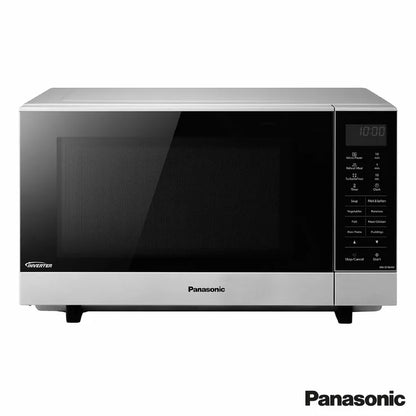 Panasonic NN-SF464MBPQ 27L flatbed microwave in silver, showing the mirror-effect door and spacious interior cavity, set on a modern white kitchen countertop.