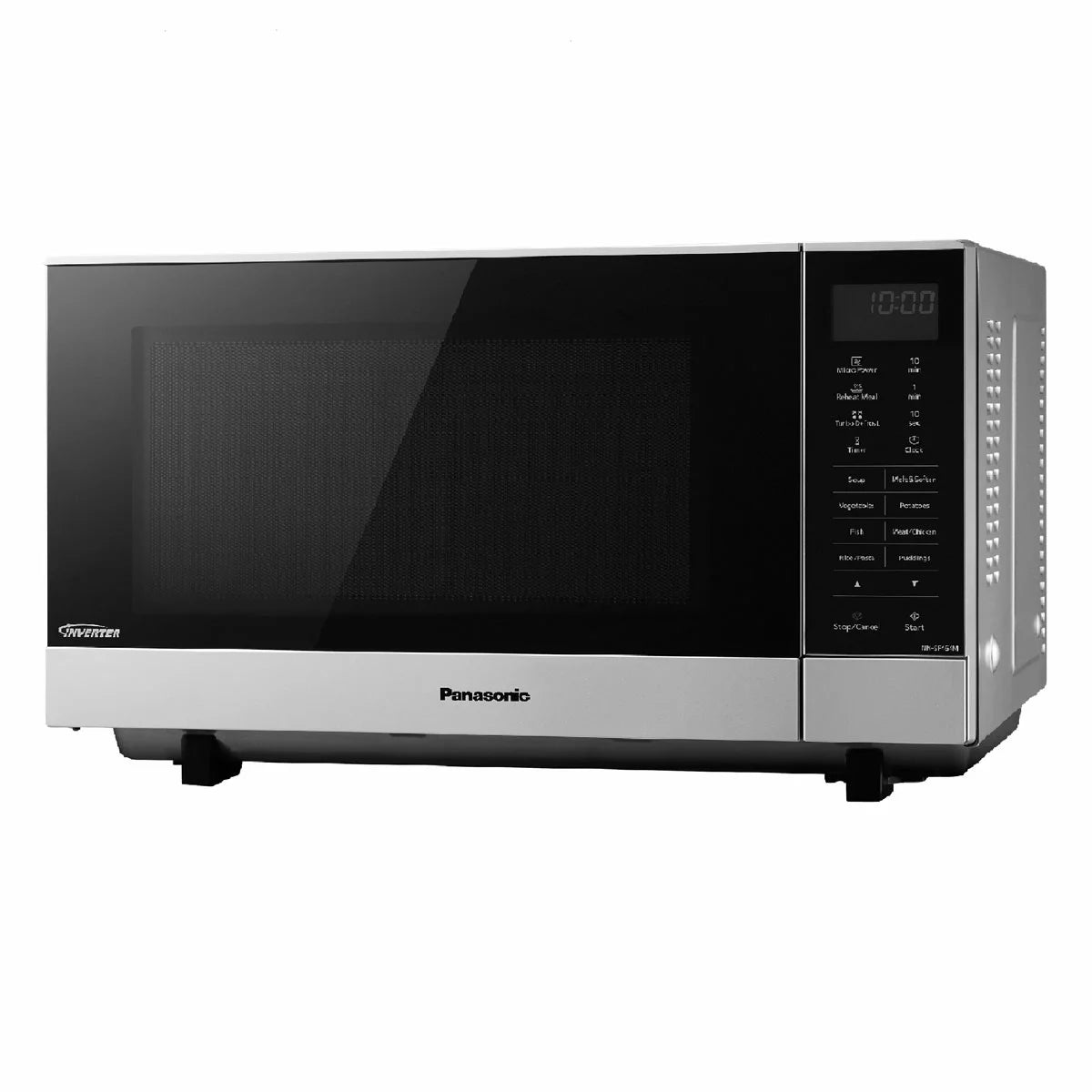 Panasonic NN-SF464MBPQ 27L flatbed microwave in silver, showing the mirror-effect door and spacious interior cavity, set on a modern white kitchen countertop.
