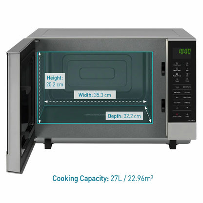 Panasonic NN-SF464MBPQ 27L flatbed microwave in silver, showing the mirror-effect door and spacious interior cavity, set on a modern white kitchen countertop.