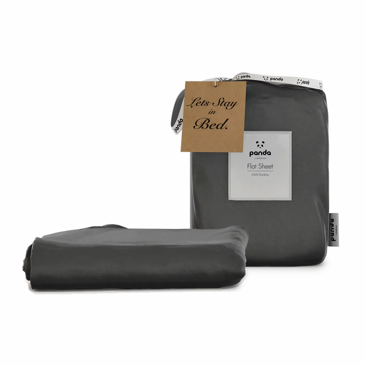 Dark grey Panda double bamboo flat sheet draped smoothly over a modern bed frame highlighting its silky texture and rich charcoal sheen.