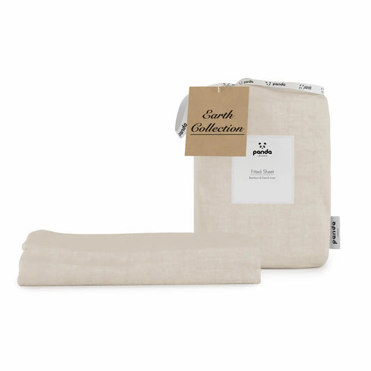 Natural earth-toned Panda bamboo and French linen fitted sheet pulled taut over a deep mattress corner showing its crisp matte texture.