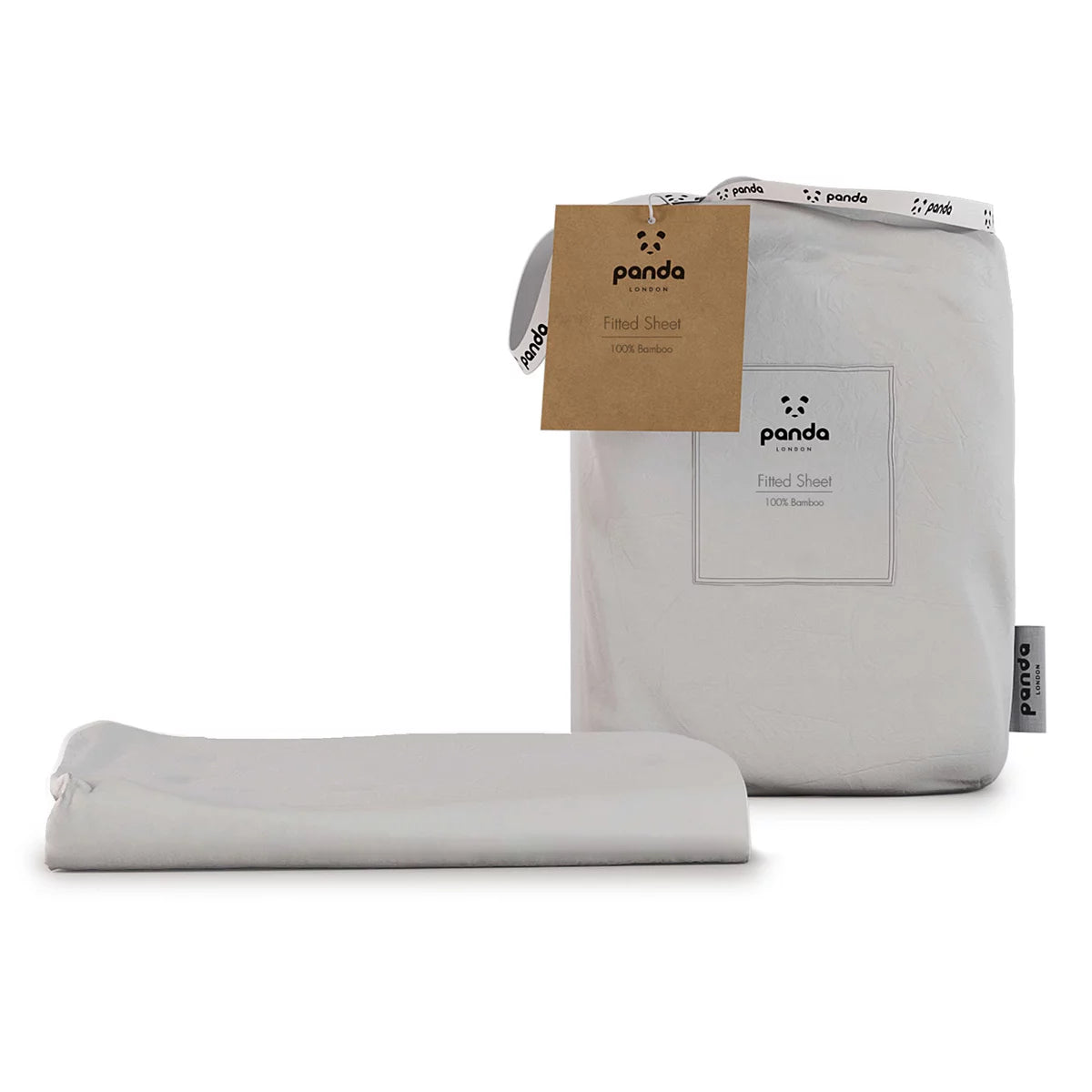 Crisp white Panda 100 percent organic bamboo fitted sheet securely pulled tight over a deep mattress corner showing smooth texture.