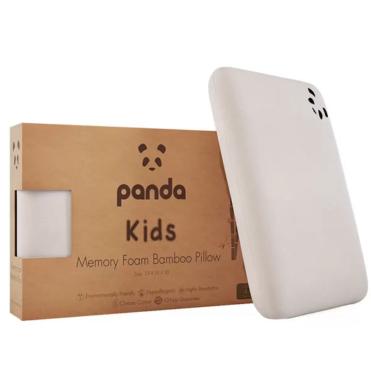 Panda Children's Memory Foam Bamboo Pillow featuring a white plush bamboo cover with the panda logo embroidered near the seam, set against a cozy kids bedroom backdrop.