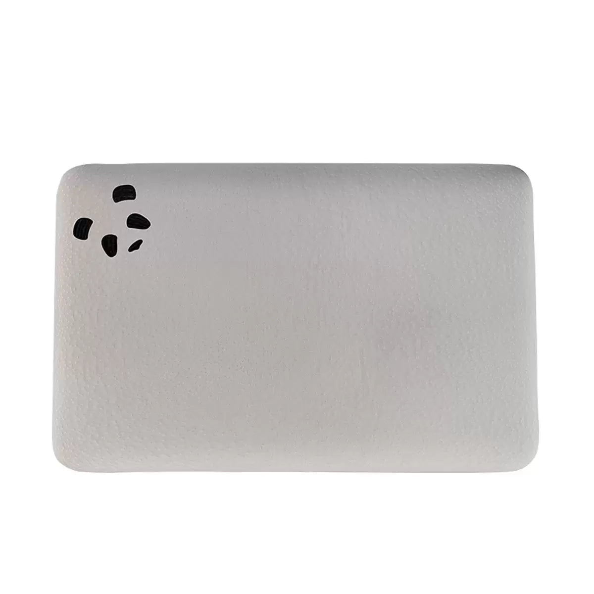 Panda Children's Memory Foam Bamboo Pillow featuring a white plush bamboo cover with the panda logo embroidered near the seam, set against a cozy kids bedroom backdrop.