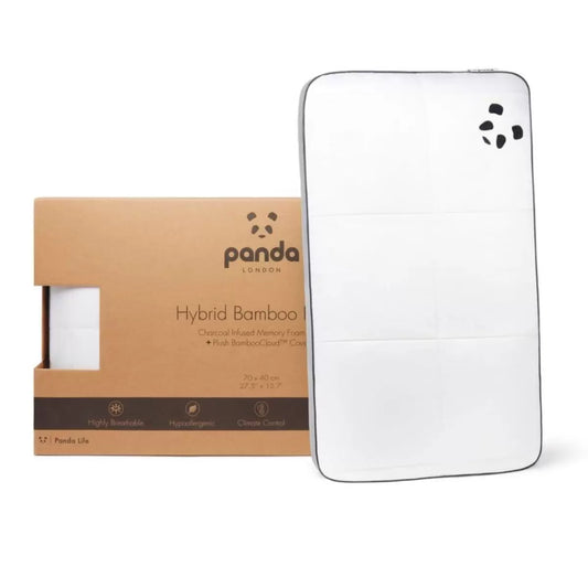 Panda Hybrid Memory Foam Pillow showcasing its white bamboo cover and distinct grey 3D mesh border on a modern bed