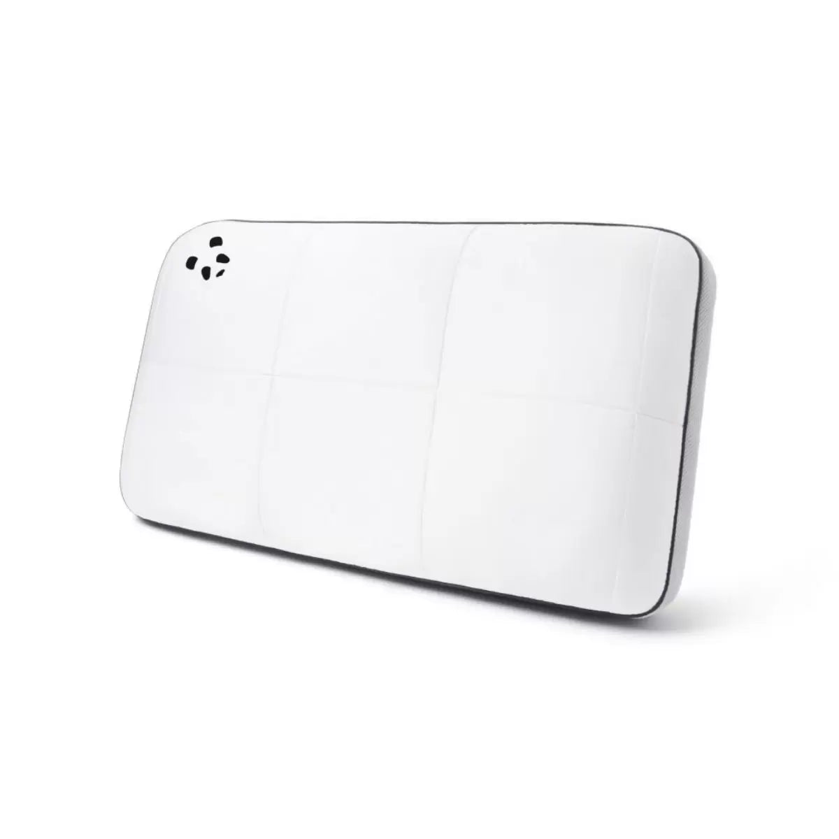 Panda Hybrid Memory Foam Pillow showcasing its white bamboo cover and distinct grey 3D mesh border on a modern bed